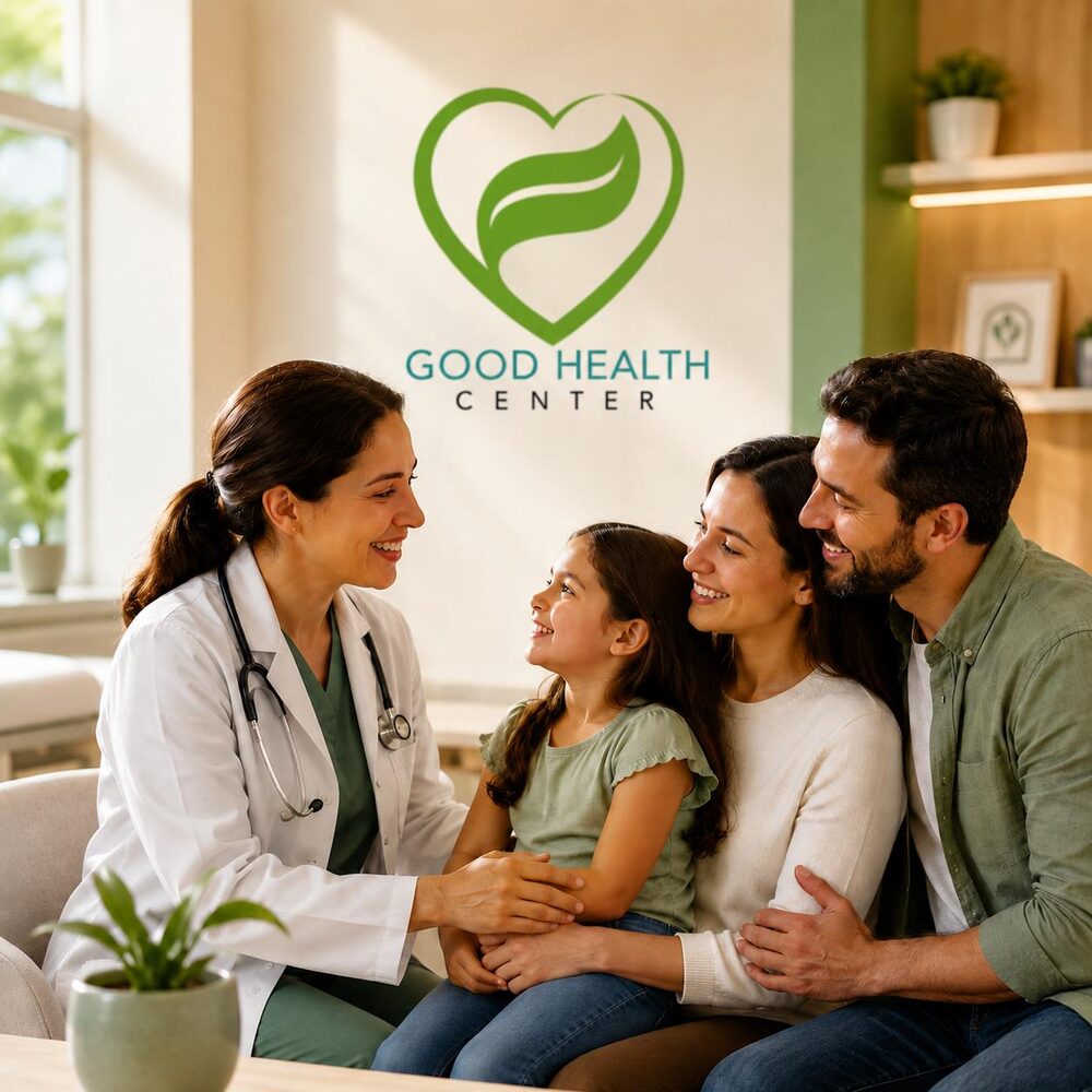 Doctora de Good Health Center conversa sonriente con una familia en la clínica