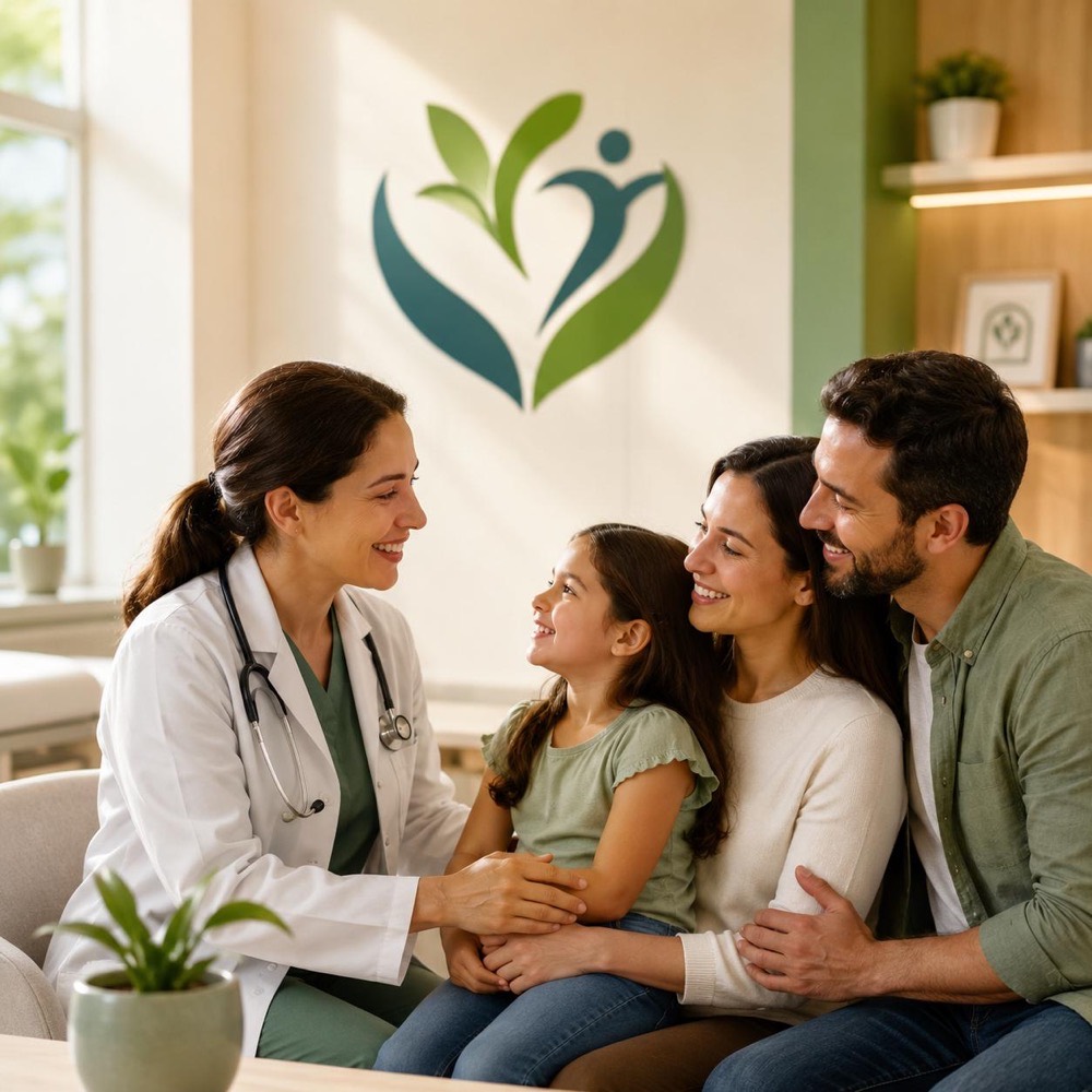 Doctora de Good Health Center conversa sonriente con una familia en la clínica